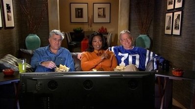 In an image from video provided by CBS, David Letterman, Oprah Winfrey and Jay Leno, from right, record a promo for CBS Late Show that aired during the broadcast of the NFL football Super Bowl on Sunday, Feb. 7, 2010. The promo was recorded earlier in the week at the Ed Sullivan Theater in New York. The ad revisited Letterman and Winfreys Super Bowl spot from 2007, but with another person watching the game with them - late night talk show host Jay Leno. (AP Photo/CBS) ** MANDATORY CREDIT   NO SALES  ARCHIVE OUT  NORTH AMERICAN USE ONLY **