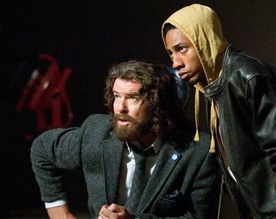 In this film publicity image released by 20th Century Fox, Pierce Brosnan, left, and Brandon T. Jackson are shown in a scene from, Percy Jackson & the Olympians: The Lightning Thief.  (AP Photo/20th Century Fox, Doane Gregory)