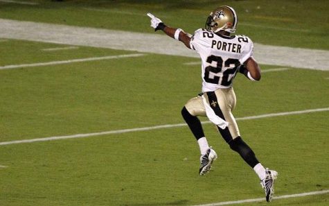 Pointing the way: Saints star Tracy Porter runs back an interception for a touchdown against the Indianapolis Colts. (A REUTERS PHOTO)