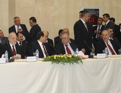 In this photo released by the Iraqi Government, leaders of Iraqs main political blocs, front row, from left to right: former Iraqi Prime Minister Ibrahim Jafari, Iraqi Prime Minister Nouri al-Maliki, Iraqi President Jalal Talabani and former Iraqi Prime Minister Ayad Allawi, are seen during their meeting in Irbil, a city in the Kurdish controlled north 217 miles (350 kilometers) north of Baghdad, Iraq, Monday Nov. 8, 2010. Leaders of Iraqs main political blocs concluded their first meeting since parliamentary elections in March without an agreement on the makeup of a new government. (AP Photo/Iraqi Government)