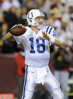 Indianapolis Colts football quarterback Peyton Manning looks to pass,  against the Washington Redskins in Landover, Md. The National Football Leagues political action committee has made almost $600,000 in campaign donations in its rookie election cycle, building goodwill among lawmakers that could come in handy in the event of a lockout next season.  (AP Photo/Nick Wass, File)