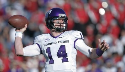 TCU quarterback Andy Dalton (14) throws a pass in the first quarter against New Mexico during an NCAA college football game at University Stadium in Albuquerque, N.M., Saturday, Nov. 27, 2010. (AP Photo/Jake Schoellkopf)