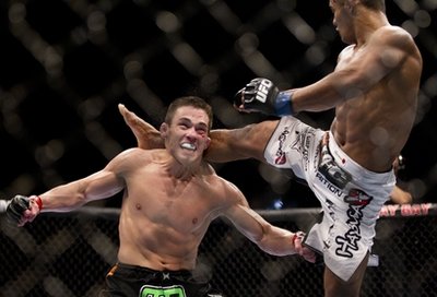 Eduardo Rocha, Jake Ellenberger of a UFC 126, Saturday, Feb. 5, 2011, in Las Vegas . (AP Photo/Julie Jacobson)