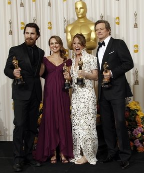 Best supporting actor Christian Bale, left to right, best actress Natalie Portman, best supporting actress Melissa Leo and best actor Colin Firth pose with their awards at the 83rd Academy Awards on Sunday, Feb. 27, 2011, in the Hollywood section of Los Angeles. (AP Photo/Matt Sayles)