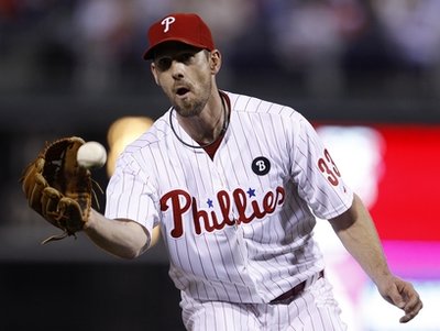 Cliff Lee in the first inning of a baseball game, Sunday, May 1, 2011, in Philadelphia. New York won 2-1 in 14 innings. (AP Photo/Matt Slocum)