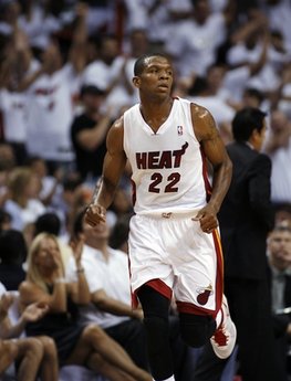 Miami Heats James Jones runs up the court after scoring a 3-pointer against the Boston Celtics during the first half of Game 1 of a second-round NBA playoff basketball series, Sunday, May 1, 2011, in Miami. (AP Photo/Jeffrey M. Boan)