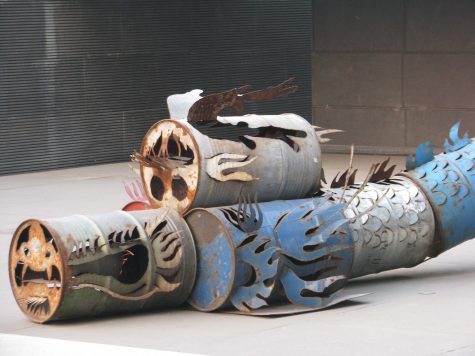 This oil-drum dragon by Qiu Zhijie guards the Cafa Biennale art exhibition in Beijing. In traditional Chinese culture, dragons are benevolent guardians that rule the waters. The use of oil drums suggests a tension between the natural and modern worlds – a theme that is highly prevalent in contemporary Chinese art, according to Professor of Philosophy David Brubaker. 