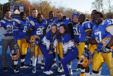 Senior football players and the two seniors on the UNH cheerleading squad pose for a picture at Saturdays football game against Pace Univeristy on November 5, 2011.