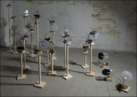 One of his pieces, titled “Apresbonanza,” consists of a series of cassette and CD containers that open and close at various points, creating sounds that vary based on the timing. 
