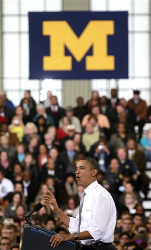 President Barack Obama speaks at the University of Michigans Al Glick Field House, Friday, Jan. 27, 2012, in Ann Arbor, Mich. (AP Photo/Haraz N. Ghanbari)