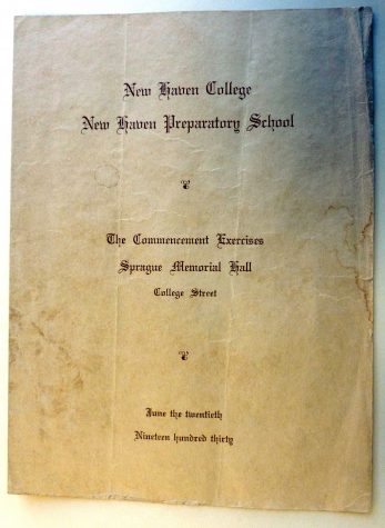 The commencement ceremonies program from 1930, when UNH was known as New Haven College. Photograph by Brandon T. Bisceglia.