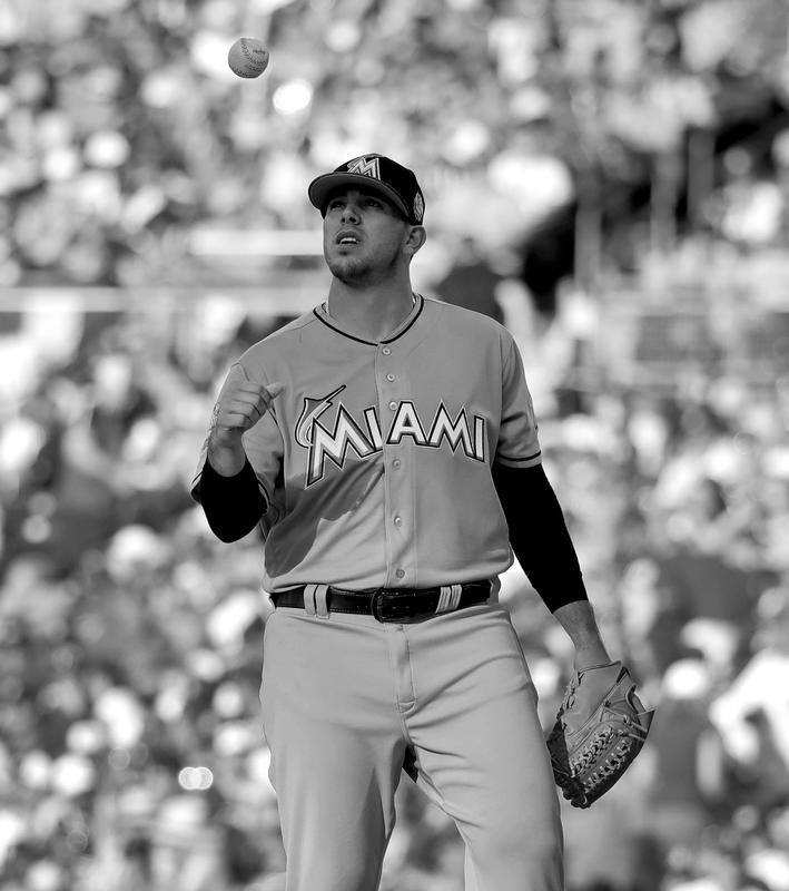 National League pitcher Jose Fernandez, of the Miami Marlins, tosses the ball during the second inning of the MLB baseball All-Star Game, Tuesday, July 12, 2016, in San Diego. (AP Photo/Gregory Bull)