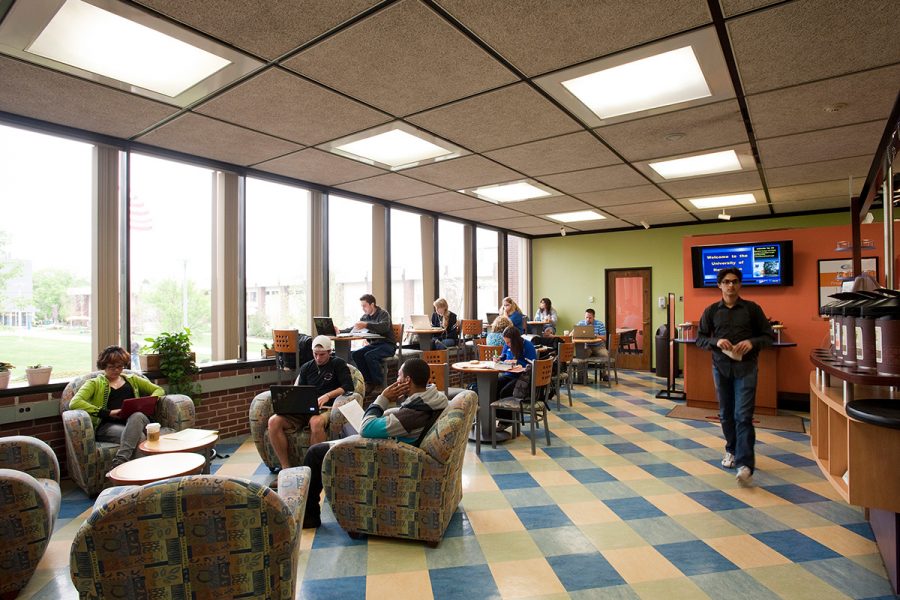 View of the Café inside the Marvin K. Peterson Library. 