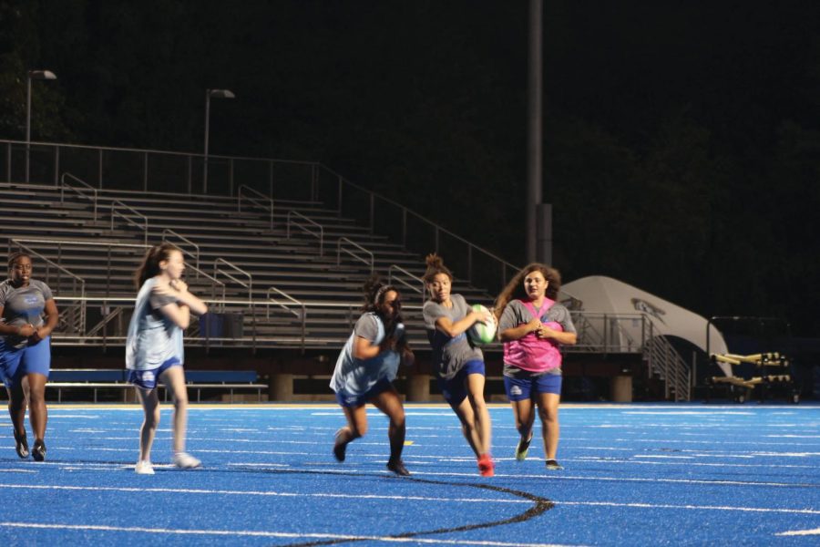 Members of the women's rugby team practice at DellaCamera Field, West Haven, Sept. 7, 2021