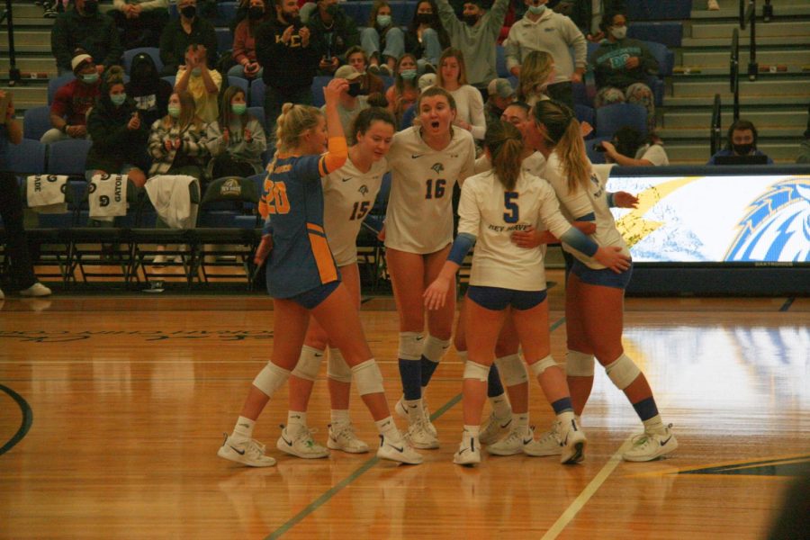 The women's volleyball team celebrates against Southern New Hampshire University, Nov. 17, West Haven.