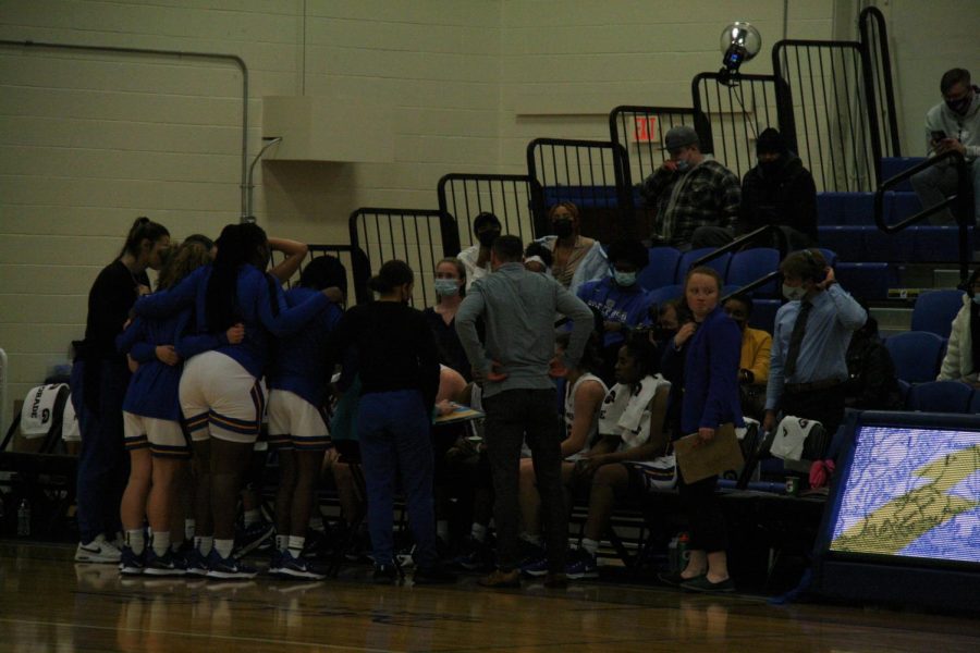 The New Haven womens basketball team talks during a timeout against Pace University, West Haven, Nov. 23.