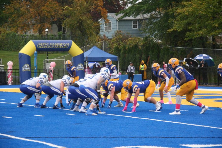The New Haven defense lines up on the goal-line against Assumption. Oct. 30, West Haven.