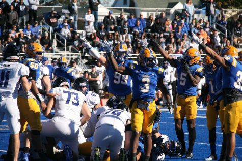 The New Haven football team celebrates after forcing a fumble against Bentley University, West Haven, Nov. 6.