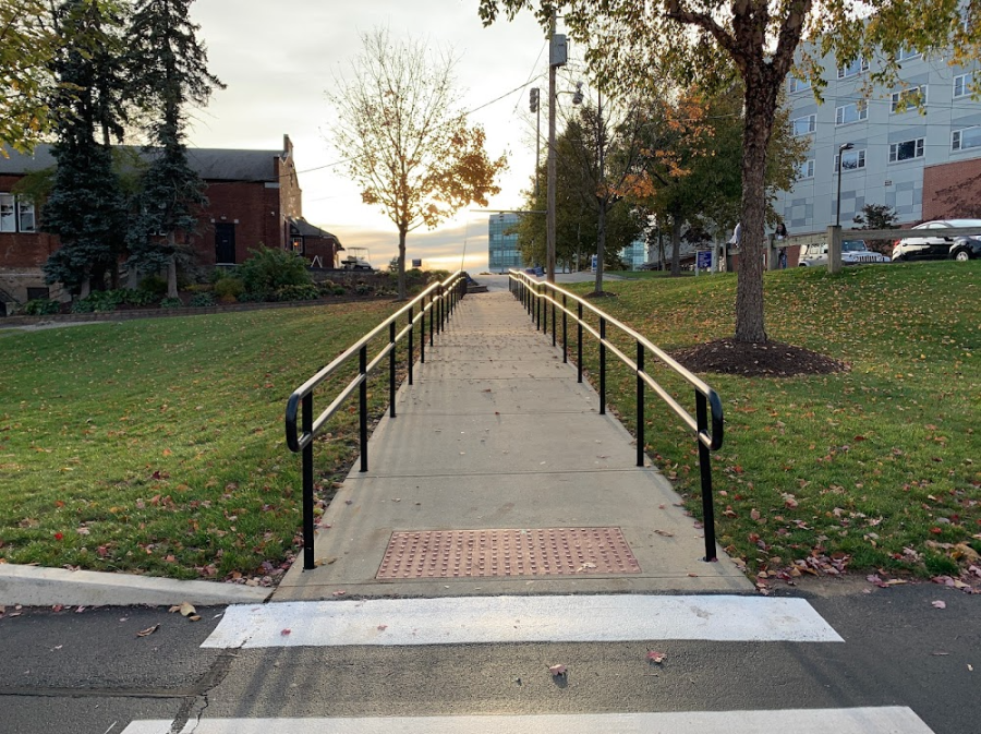 The crosswalk and ramp outside of the German Club, West Haven