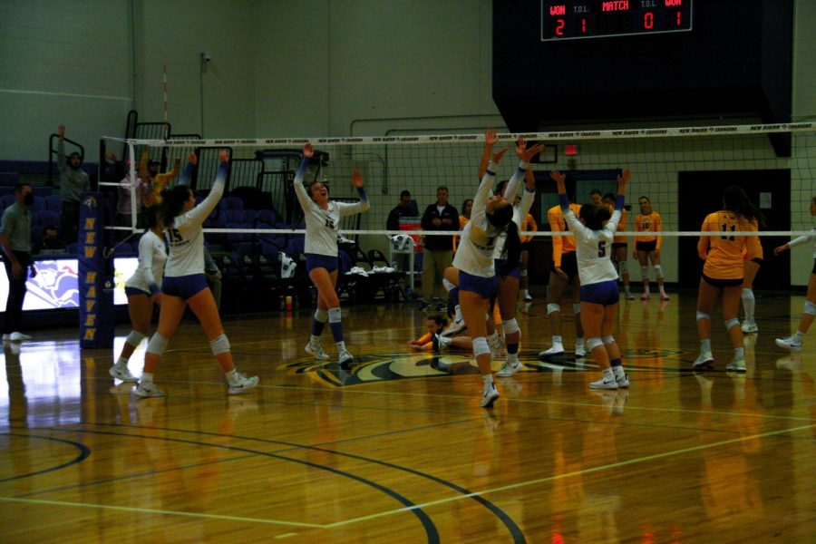 The New Haven womens volleyball team celebrates after winning over Southern New Hampshire University, Nov. 16, West Haven.