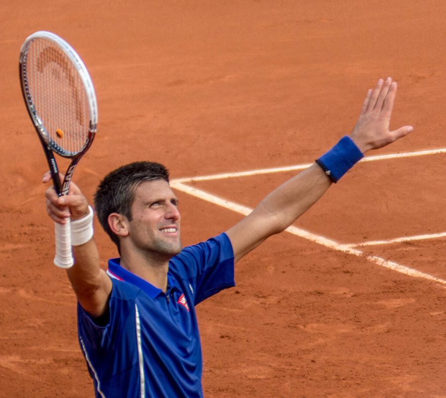 Novak+Djokovic+celebrates+at+a+tennis+tournament.