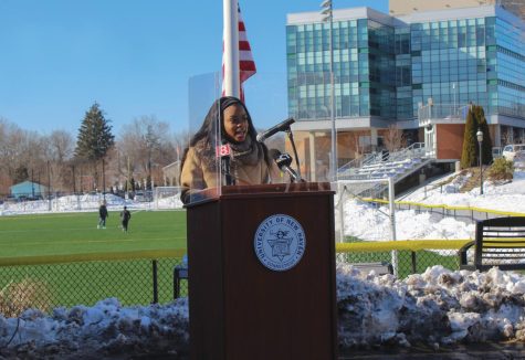 Ariana Eastwood, president of the BSU, speaks at the flag raising ceremony, West Haven, Feb. 1, 2022.