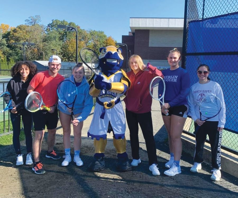 Members of the Club Tennis team with Charlie the Charger, Nov. 7, 2021.