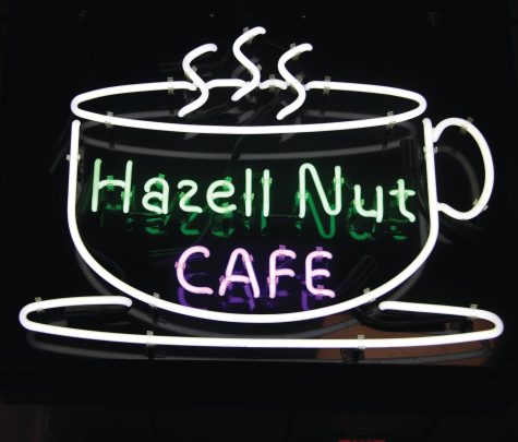 The Hazell Nut Café sign, lit inside of Maxcy Hall, West Haven.
