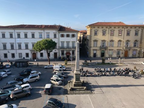The view of the Piazza from the roof of the Prato campus, Prato, Italy.