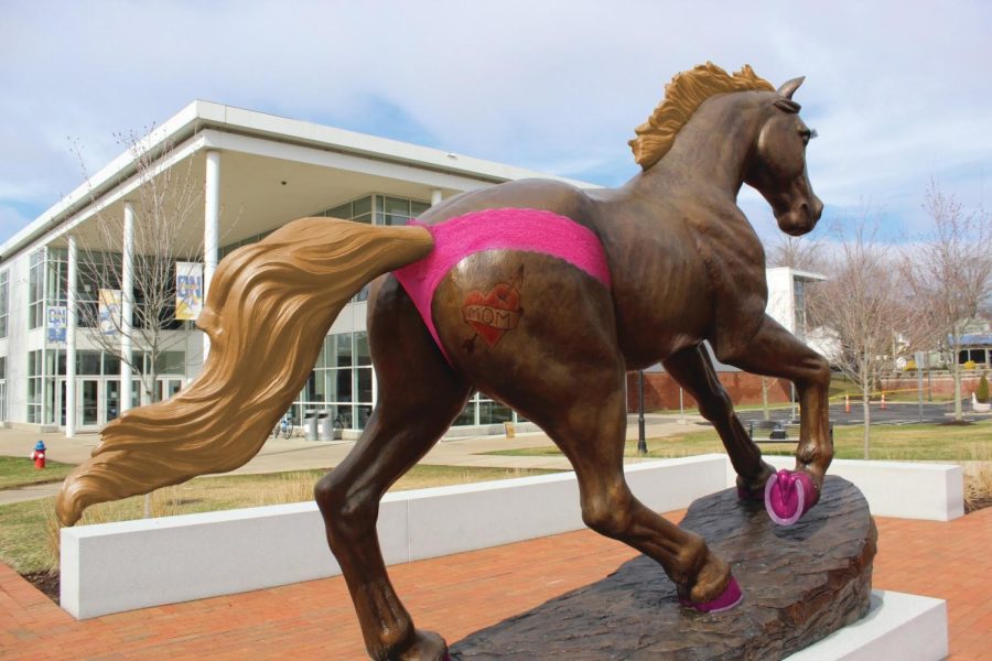 The new and bimbofied Charger statue outside of the Beckerman Receration Center, West Haven.