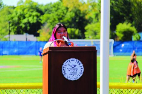 Brisa Velazquez speaks at the Hispanic Heritage Month Flag Raising Ceremony, West Haven, Sept. 15, 2022.