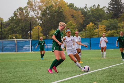 New Havens Caitlyn Toom kicks the ball against Le Moyne College, West Haven, Oct. 1, 2022. 