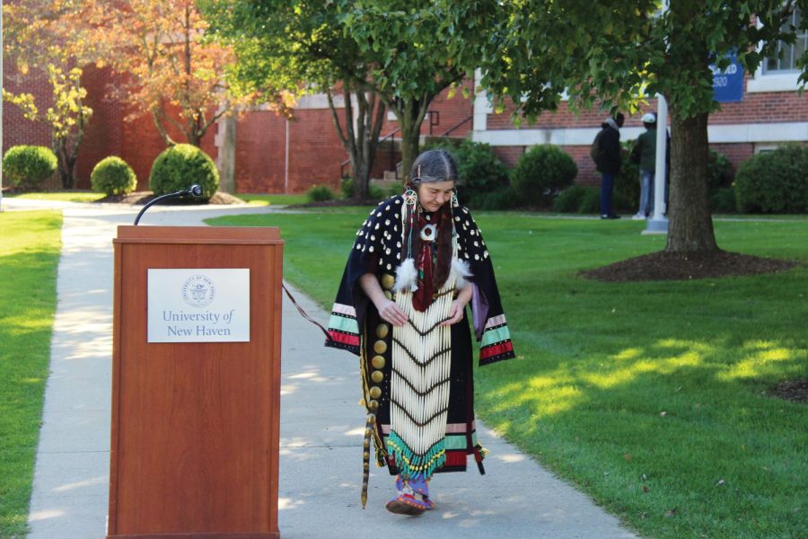 University professor Michele Berman stands on Maxcy Quad during Indigenous Peoples Day ceremony, West Haven, Oct. 10, 2022. 
