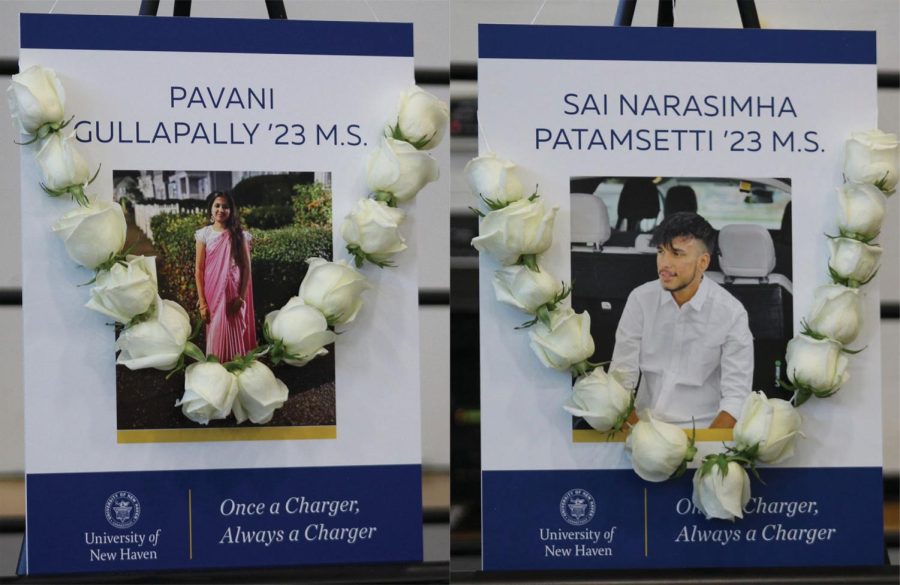Posters commemorating Ms. Gullapally and Mr. Patamsetti, West Haven, Nov. 9, 2022.