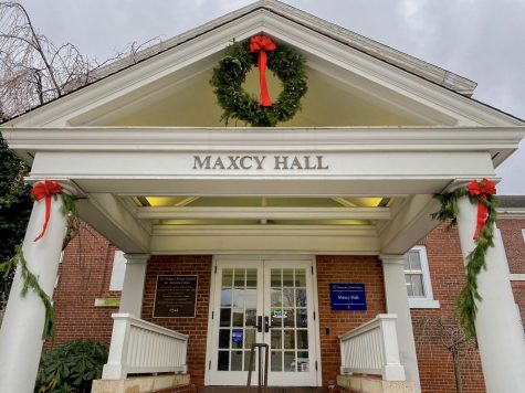 The front of Maxcy Hall decorated for the holidays, West Haven, Dec. 1, 2022.