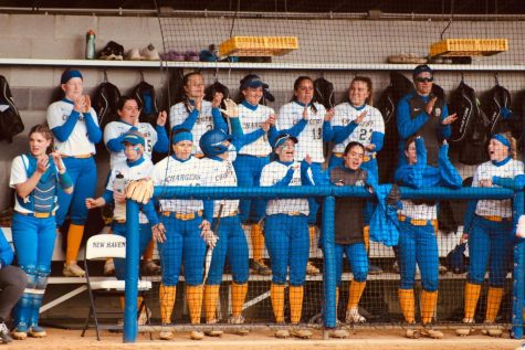 New Haven cheers from the dugout, West Haven, March 28, 2023.