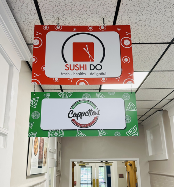 Signs for new dining hall options, Cappetta’s and Sushi Do, West Haven, Sept. 12, 2023. 