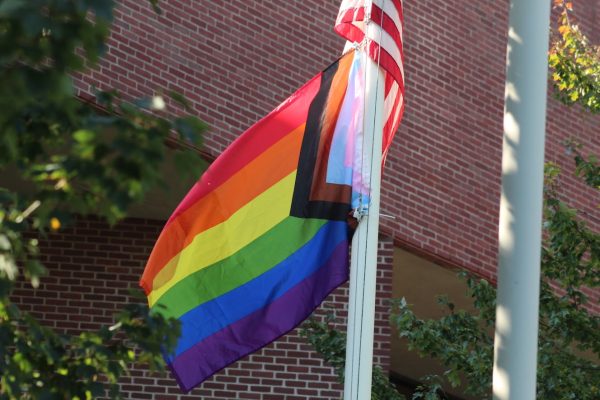 LGBTQIA+ flag in front of Marvin K. Peterson Library, West Haven, Oct. 2, 2023. 