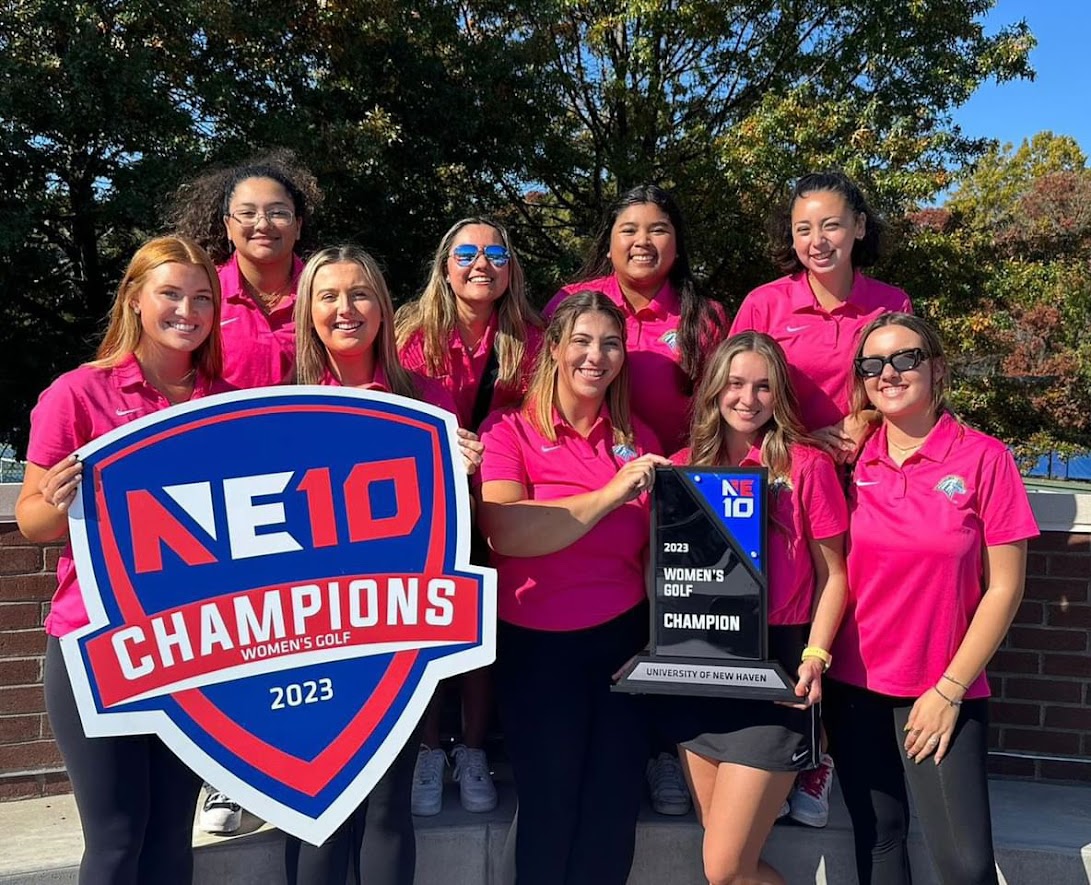 The New Haven women’s golf team celebrating their first NE-10 title, West Haven, Nov. 1, 2023.