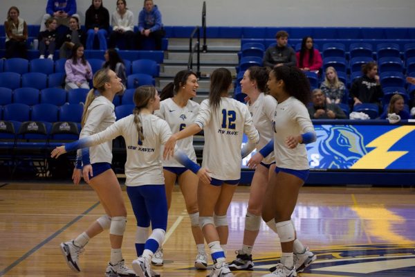 New Haven celebrates a point during their 3-0 sweep over SCSU, West Haven, Nov. 3, 2023.