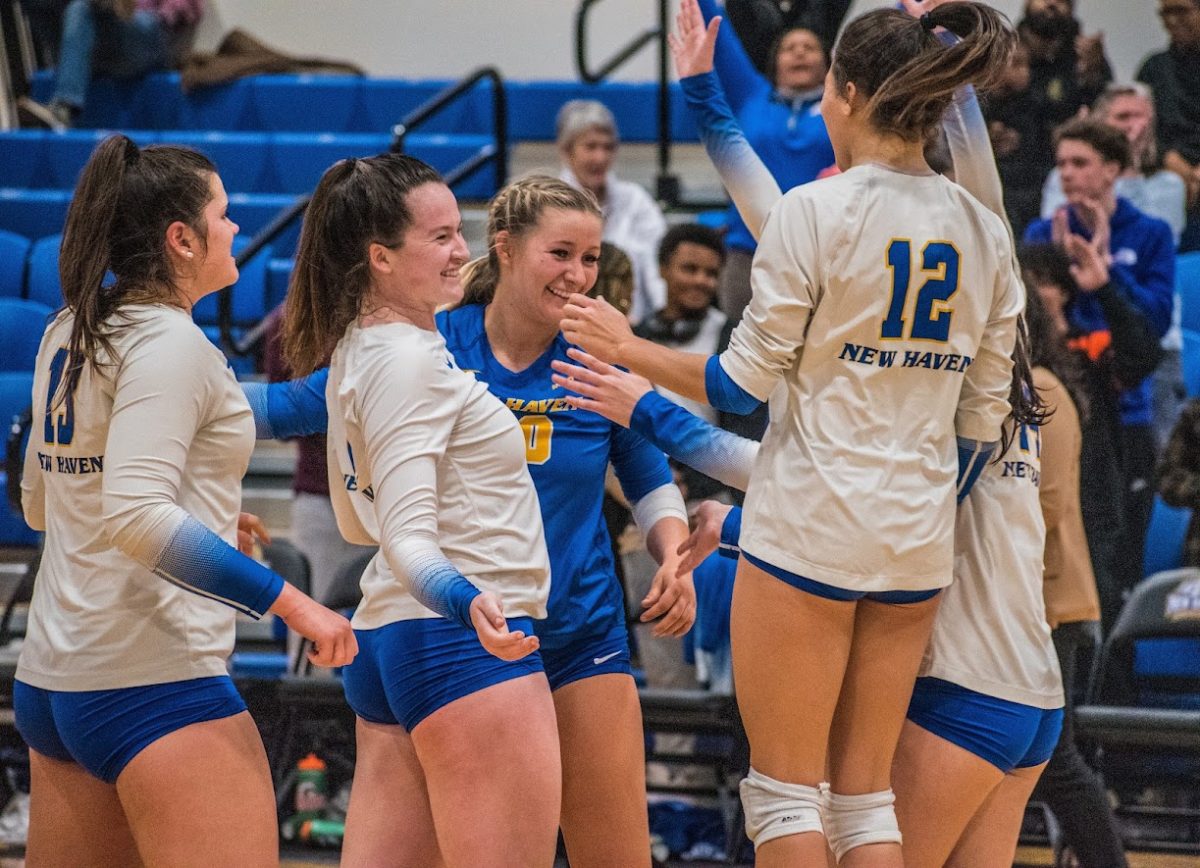 The New Haven volleyball team during their 3-0 sweep over Saint Anselm, West Haven, Nov. 10, 2023.