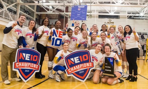 The New Haven womens volleyball team celebrating their NE-10 Championship, Garden City, Nov. 18, 2023.