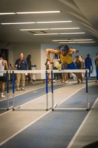 Jordany Dely in the 55-meter hurdles, New Haven, Feb. 25, 2024.