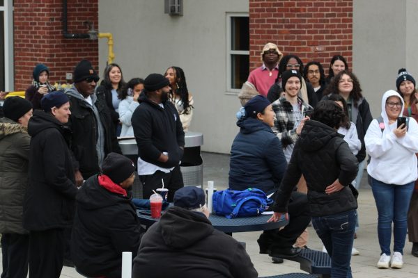 Sodexo workers and students at protest for Sodexo workers on Bartels patio, West Haven, Jan. 30, 2024.