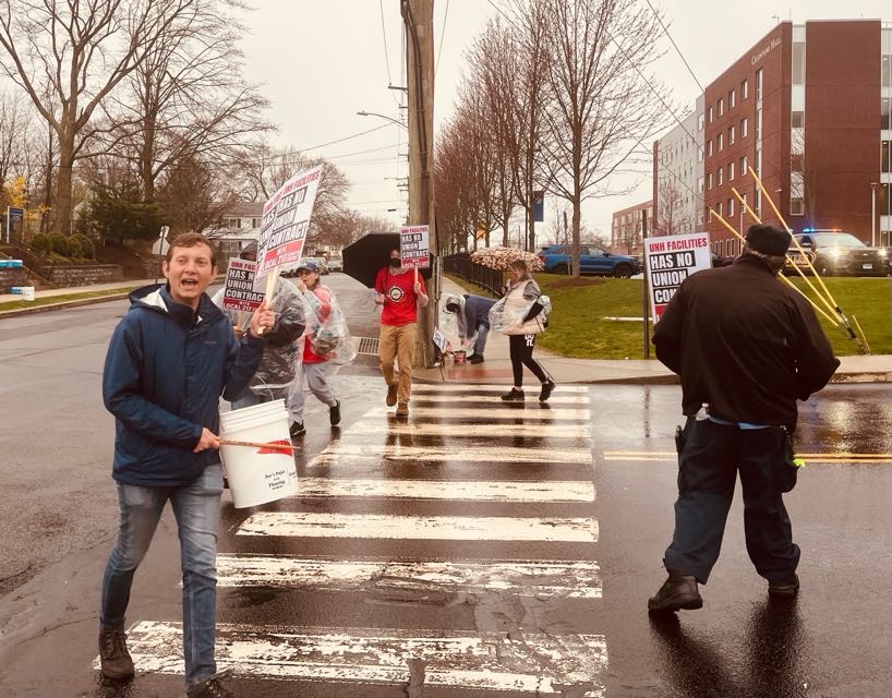 Members of the union protesting outside of Celentano Hall, West Haven, April 11, 2024.