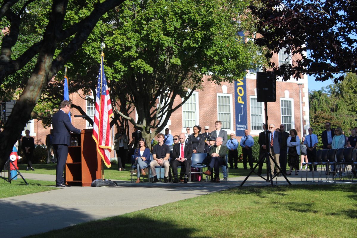 President Jens Frederikson, gives a speech during the 9/11 remberance ceremony West Haven, Sept. 11, 2024.