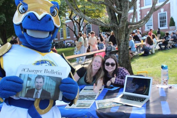 Charlie the Charger. Erin Smith and Faith Arcuri at the Involvement Fair, West Haven, August. 30, 2024. 