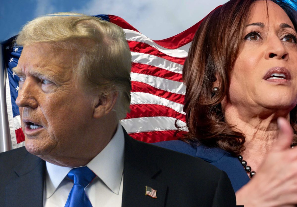 Former President Donald Trump and Vice President Kamala Harris in front of American flag, West Haven, Sept. 10, 2024.