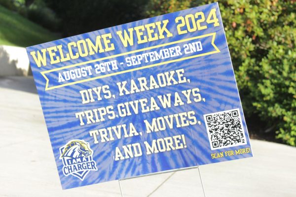 Yard sign on campus highlighting Welcome Week events, West Haven, August 30, 2024.
