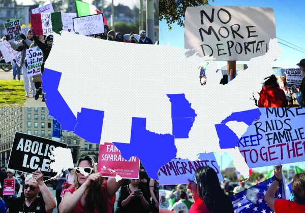 States highlighted with blue are where protests against ICE have taken place. 